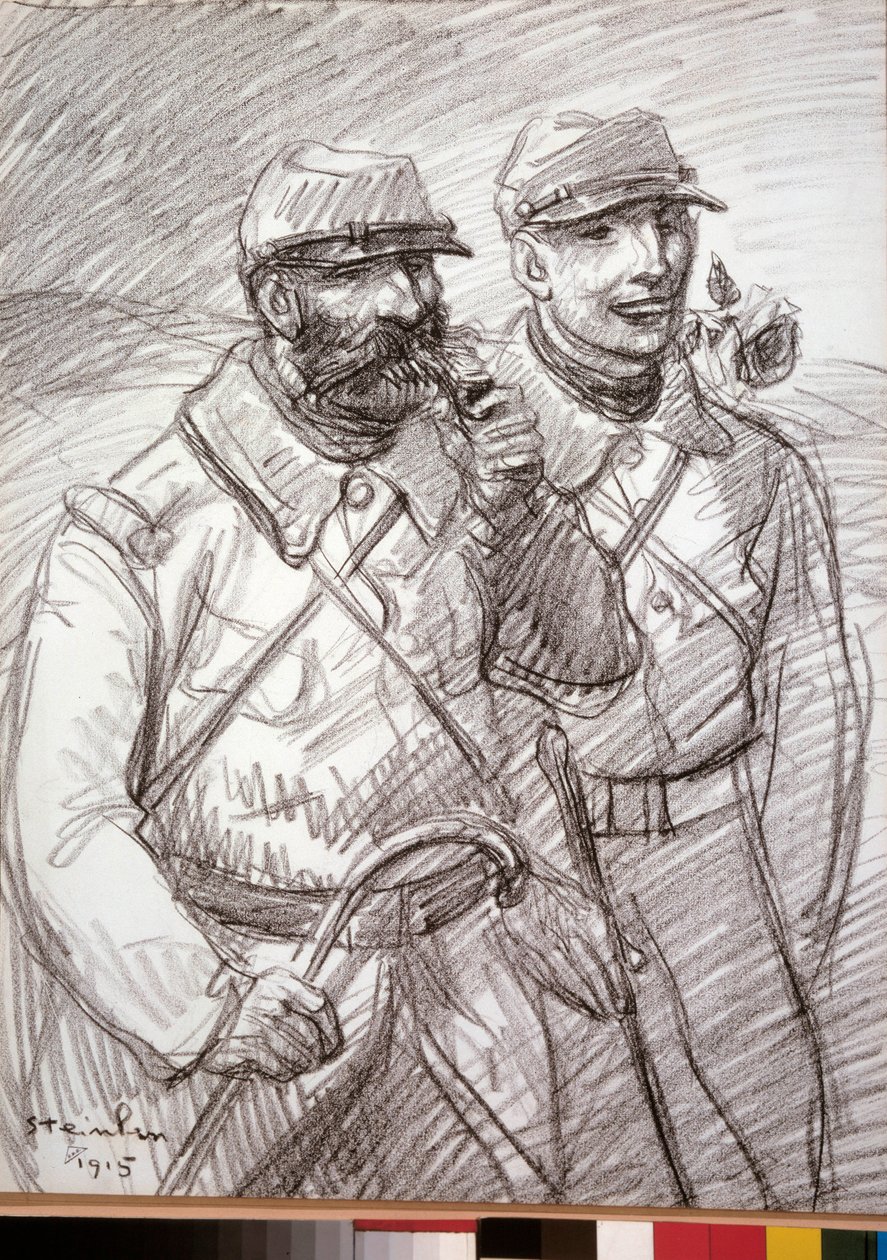 Første Verdenskrig: "De behårede i 1915", franske soldater. Tegning af Theophile Alexandre Steinlen (1859-1923) af Théophile Alexandre Steinlen