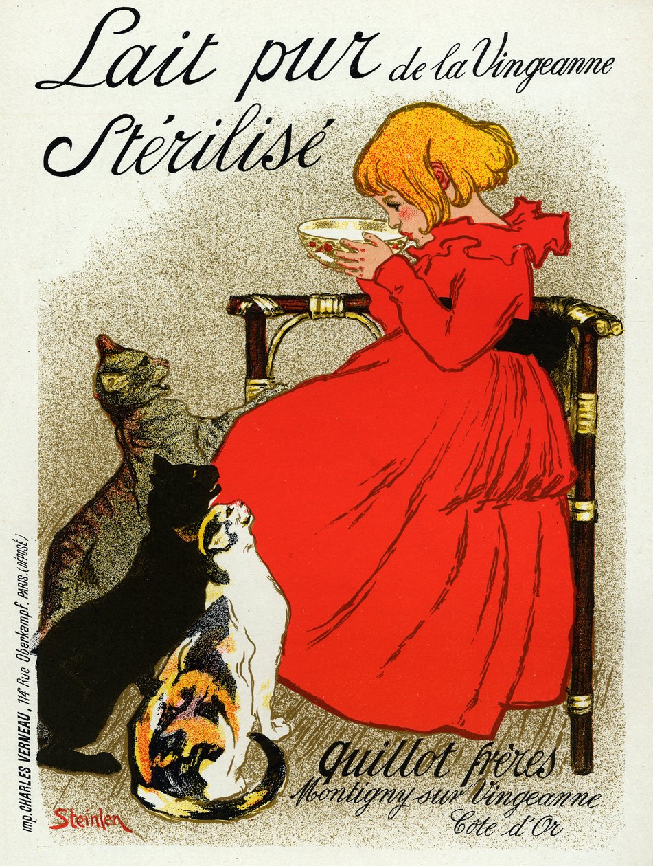 Mad og drikke. Vingeanne mælk. Lille pige med katte. Plakat af Steinlen, Frankrig, ca. 1890 (plakat) af Théophile Alexandre Steinlen