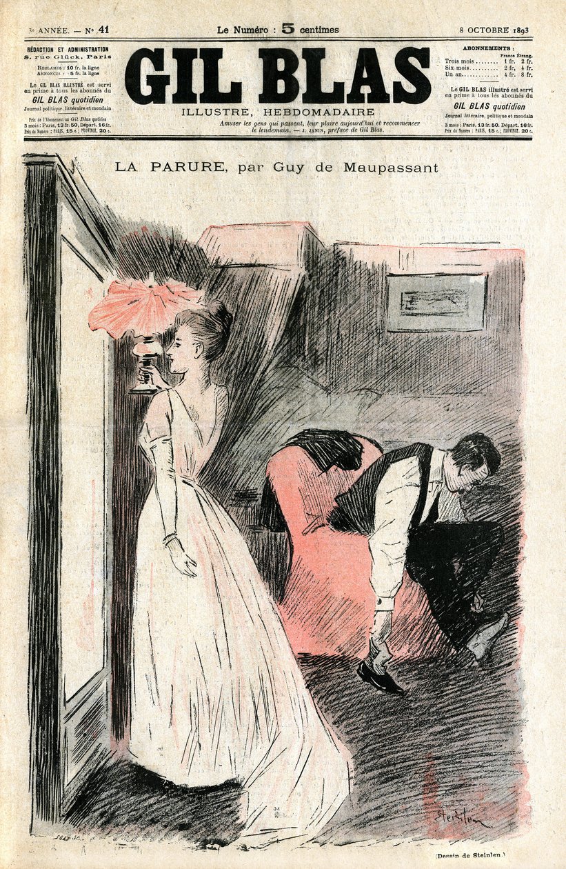 Illustration af Steinlen af Guy de Maupassants novelle "" The Parure"". Madame Loisel ser sig selv i spejlet, mens hendes mand tager hendes sko af. Hun opdager, at hun mistede halskæden (diamantfloden) lånte hende til hende af hendes veninde Madame Fores af Théophile Alexandre Steinlen