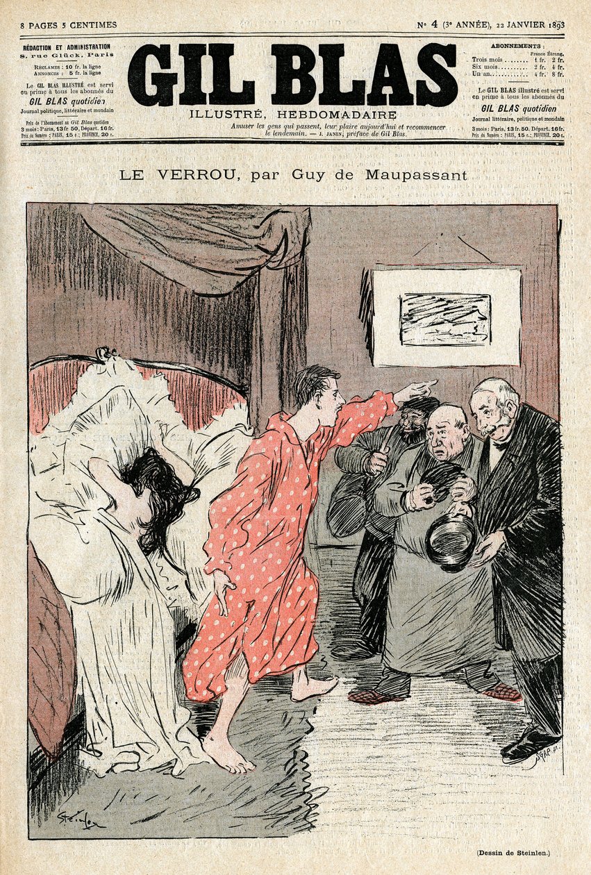 Illustration af Steinlen af Guy de Maupassants novelle "" Låsen""". Ulovligt par fanget i fuld kærlighed ebats - Utroskab, overraskelse. Forside af Gil Blas nr. 4, 22. januar af Théophile Alexandre Steinlen