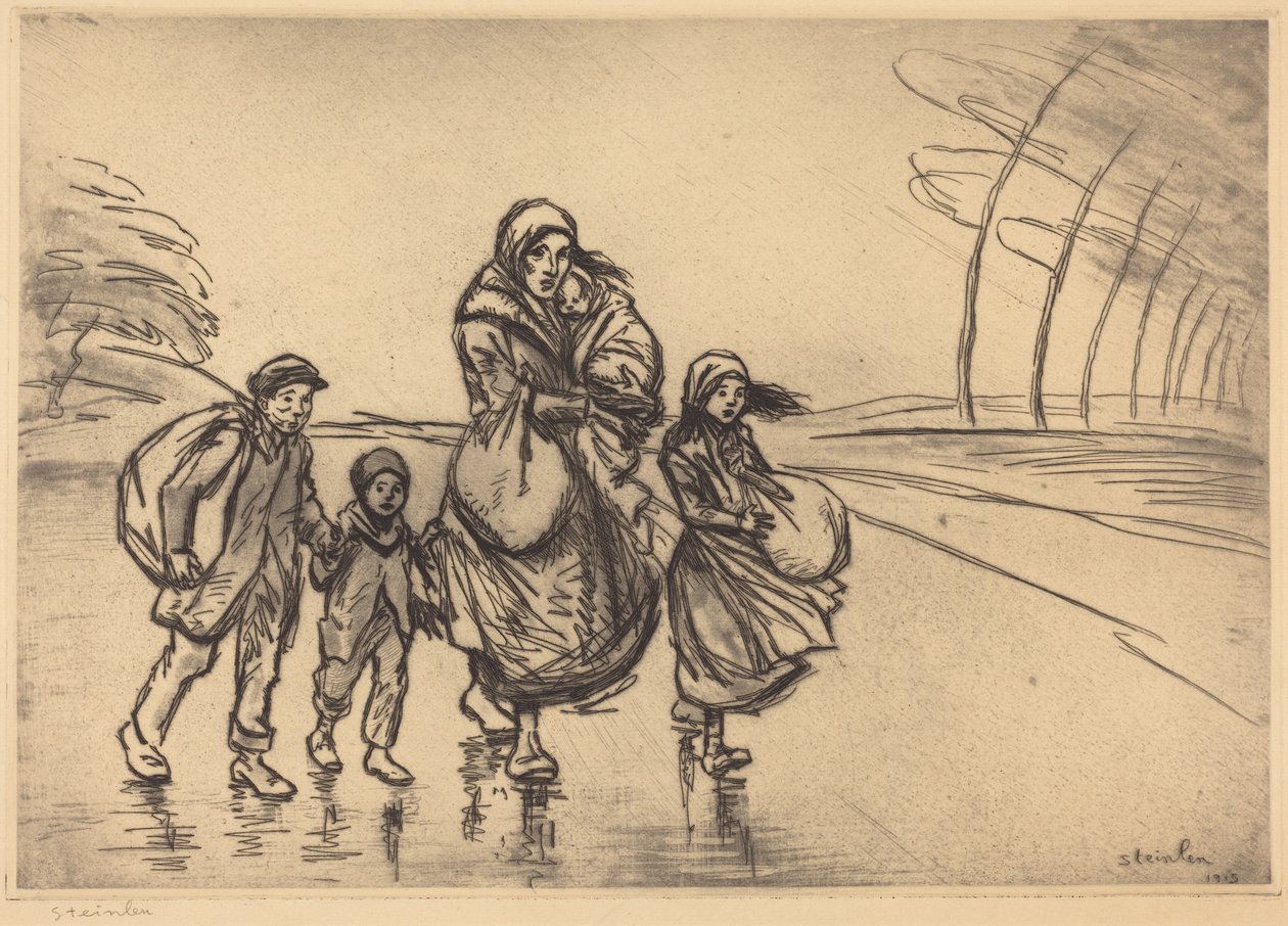 I regnen: Mor og børn (Sous la pluie: La mère et les enfants) af Théophile Alexandre Steinlen