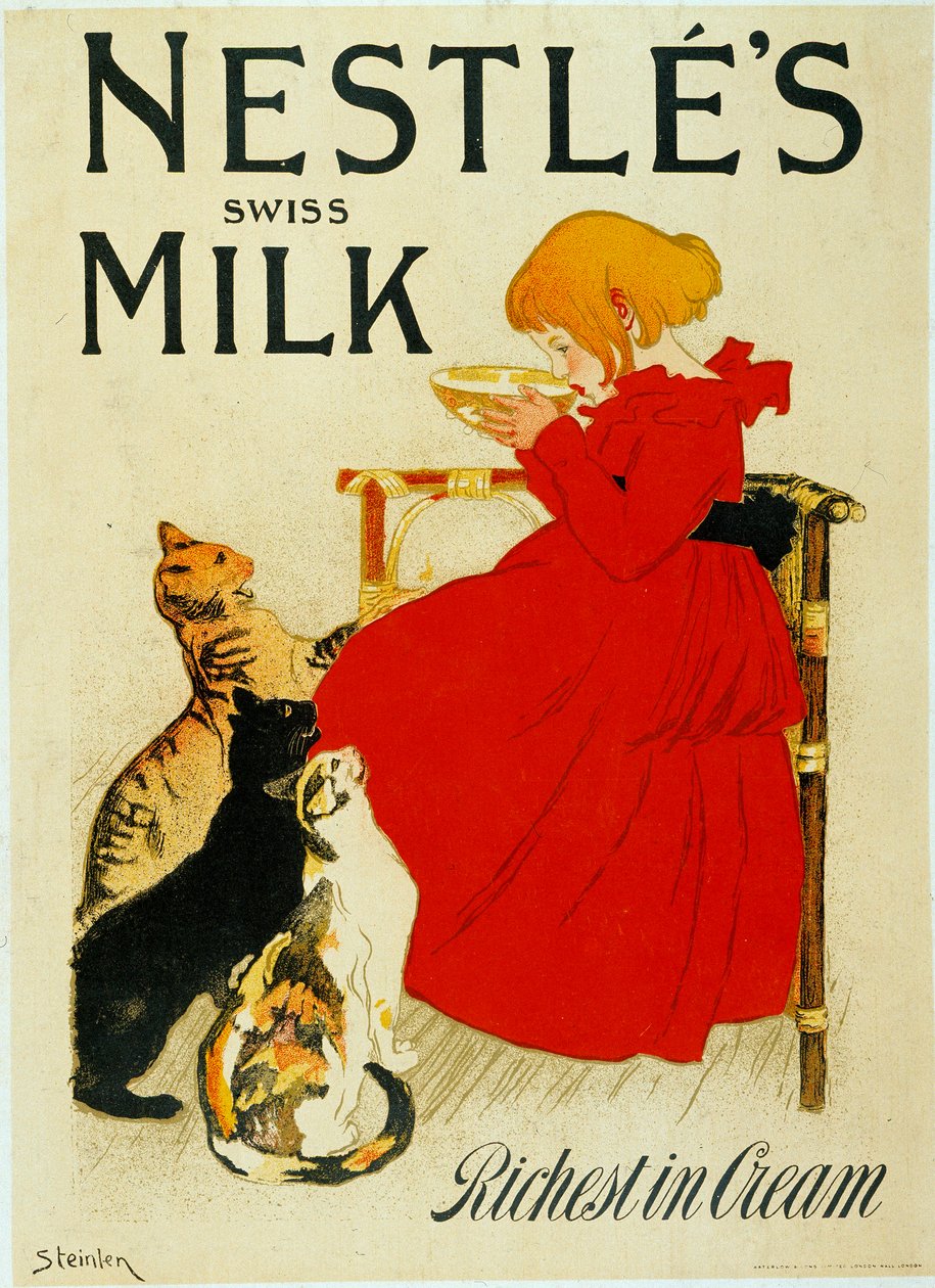 Nestle-annoncering: "" Nestles schweiziske mælk"". En pige drikker en skål mælk foran misundelige katte. Plakat af Theophile Alexandre Steinlen (1859 - 1923), 20. århundrede. Paris, dekorativ kunst. af Théophile Alexandre Steinlen