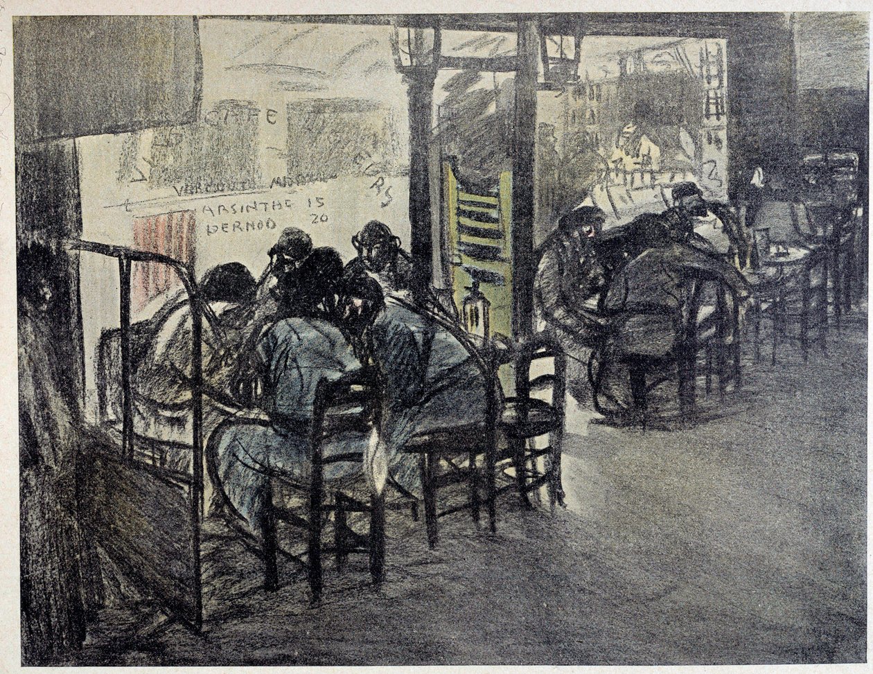 På caféens terrasse (På montren står der skrevet "" Absinthe 15"", "" Pernod 20") Tegning af Theophile Alexandre Steinlen (1859-1923) Paris fra det 20. århundrede, Musee Carnavalet af Théophile Alexandre Steinlen
