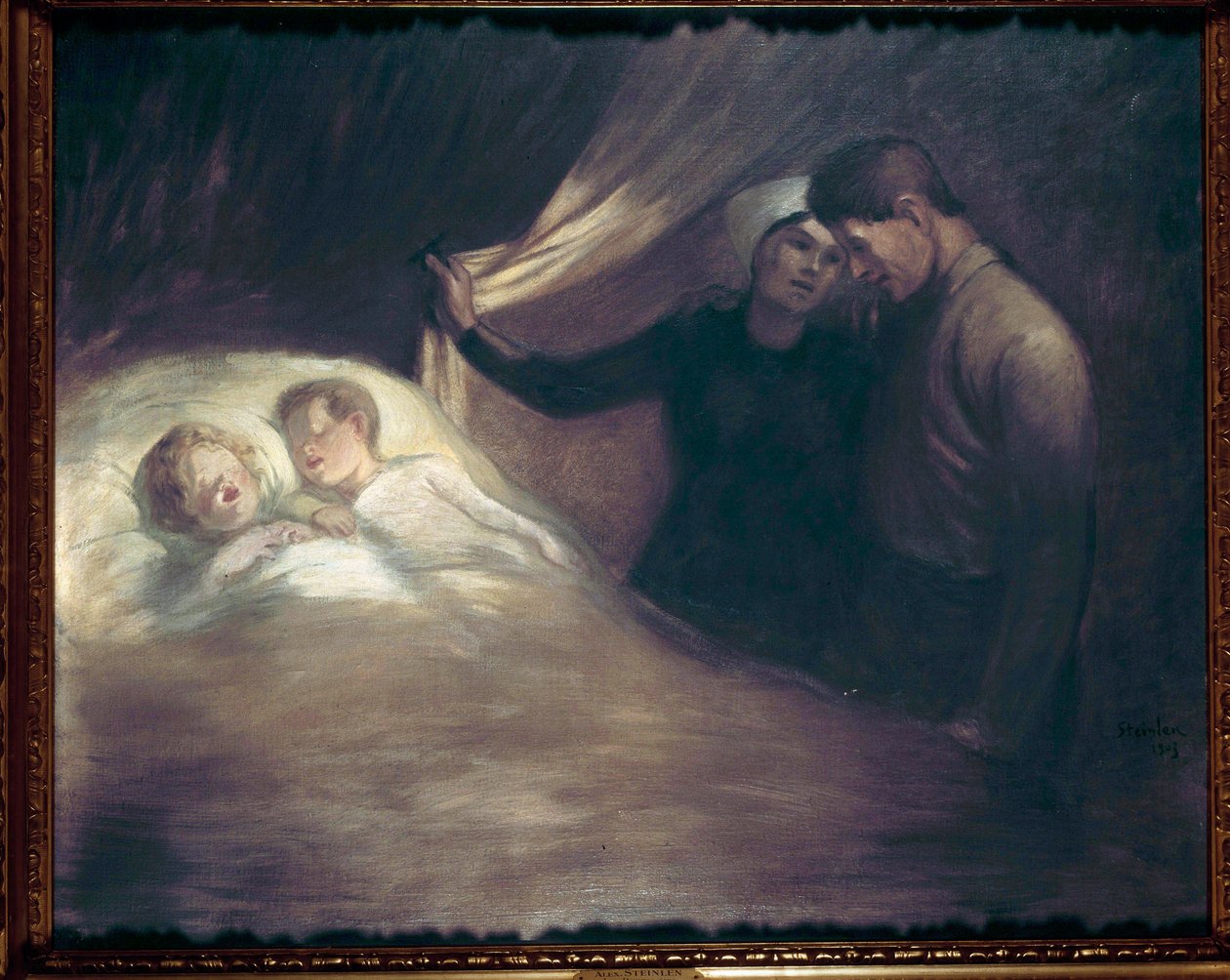 Fattige mennesker Et par forældre med beskedne kår hvisker og ser deres børn sove. Maleri af Theophile Alexandre Steinlen (1859-1923). 1903 Paris, hus Victor Hugo af Théophile Alexandre Steinlen