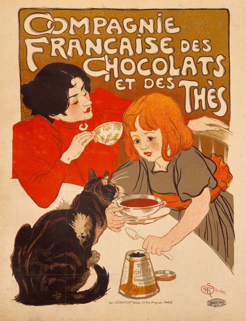 Plakatreklame for "Compagnie francaise des Chocolats et des Thes" af Theophile Alexandre Steinlen (1859-1923), ca. 1898, Bibliotheque des Arts Decoratifs, Paris - Plakat, der reklamerer for Compagnie Francaise des The Chocolats et des. af Théophile Alexandre Steinlen