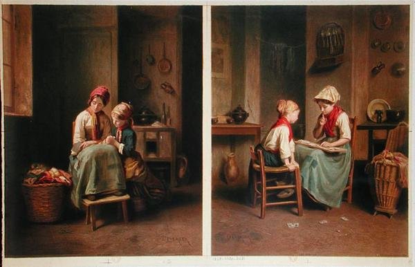 Lektionen og kortspillet, trykt i 1858 (litho i farve) af Theophile Emmanuel (after) Duverger