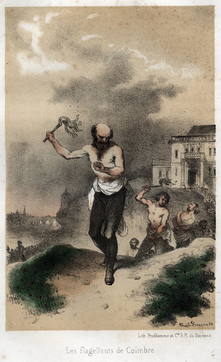 Coimbres flagellanter: Jesuiterne fra Coimbra i Portugal gør bod for deres synd offentligt ved at piske omkring 1560. Indgravering fra 1845 i "" Jesuiternes dramatiske og maleriske historie fra ordenens grundlæggelse til i dag af Theophile Evariste Fragonard