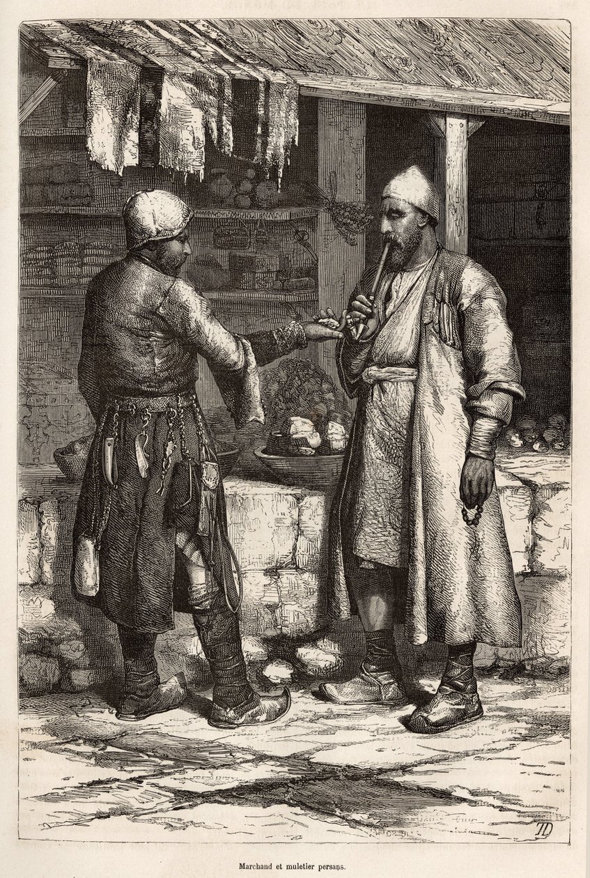 En persisk købmand og muldyrmager i en landsby i Armenien, gravering efter en tegning af forfatteren, der illustrerer rejsen i Lazistan og Armenien, af Theophile Deyrolles, i 1869, udgivet i "" Le tour du monde"" 1875, redigeret af Edouard Charton, Hache af Theophile Louis Deyrolle