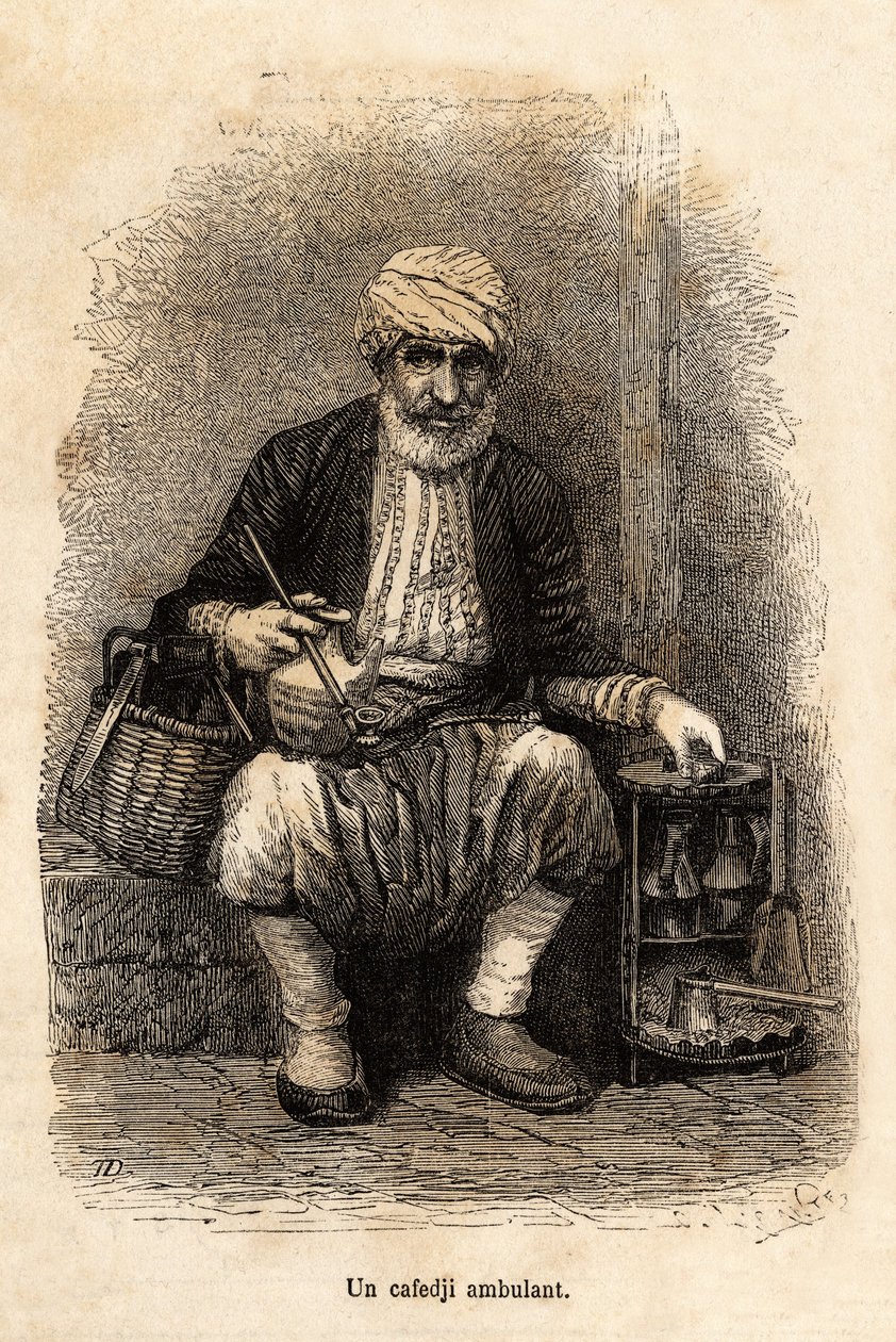 En cafésælger (cafedji), der rejser i basaren i Trebizonde (nutidens Trabzon, ved Sortehavskysten), graverer efter en tegning af fortælleren, der illustrerer en rejse til Lazistan og Armenien i 1869, af Theophile Deyrolle, udgivet i "" Le til af Theophile Louis Deyrolle
