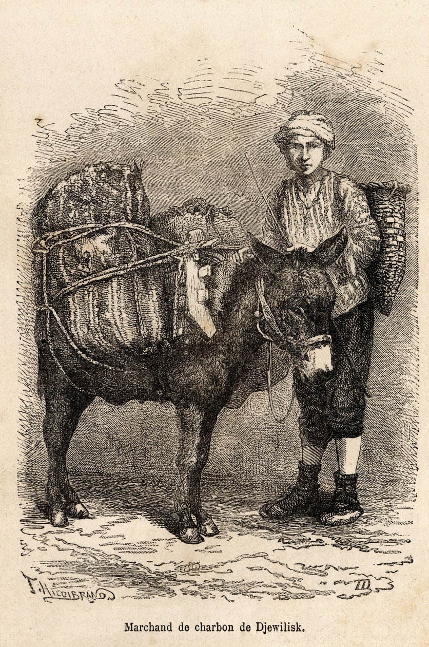 En kulhandler med sit æsel i Djewilisk (det nordlige Anatolien), indgraveret efter en tegning af fortælleren, der illustrerer en rejse i Lazistan og Armenien i 1869, af Theophile Deyrolle, udgivet i "" Le tour du monde"" 1875, redigeret af Edouard Charton af Theophile Louis Deyrolle