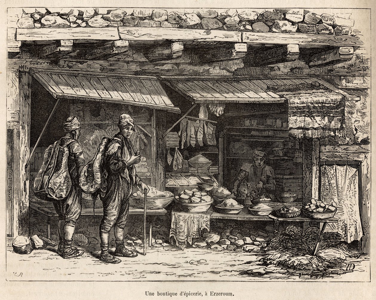 En købmand i Erzeroum (Armenien), indgraveret efter en tegning af forfatteren, der illustrerer rejsen i Lazistan og Armenien, af Theophile Deyrolles, i 1869, udgivet i "" Le tour du monde""" 1875, redigeret af Edouard Charton, Hachette udgave, Paris. af Theophile Louis Deyrolle