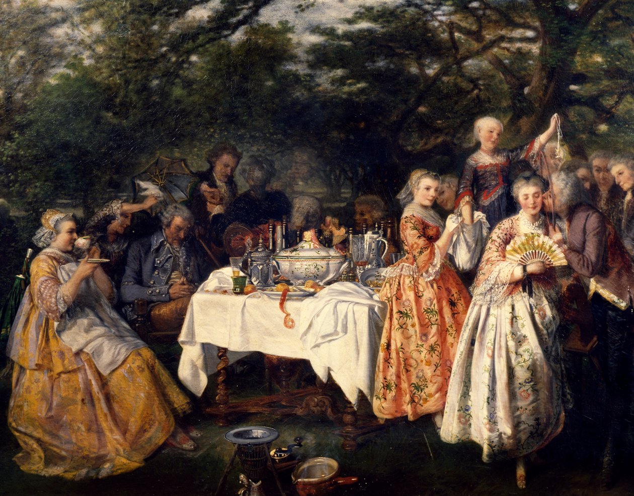 Picnic på landet, i kroens have i udkanten af Strasbourg af Theophile Schuler (1821-1878), omkring 1750 af Theophile Schuler
