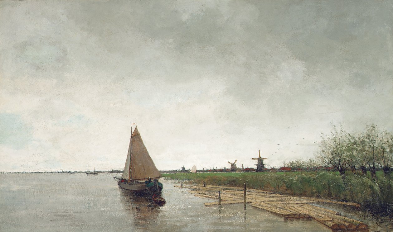 Et flodlandskab med fartøjer, en by hinsides (olie på lærred) af Theophile de Bock