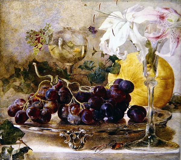 Blomster og frugt (olie på panel) af Theude Groenland