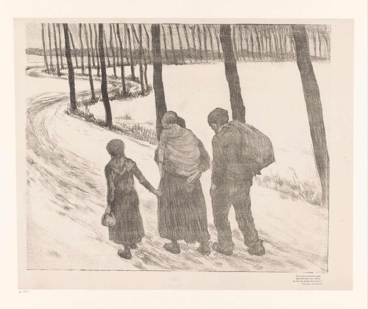 Mand og kvinde med to børn, der går på en landevej Pauvres gens af Théo van Rysselberghe