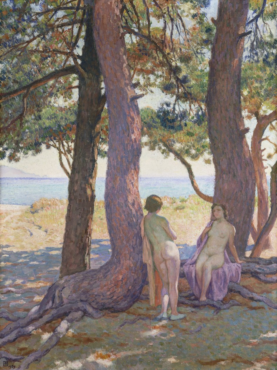 To nøgenbilleder under fyrretræer; Two Nudes under the Pines, 1925 af Théo van Rysselberghe