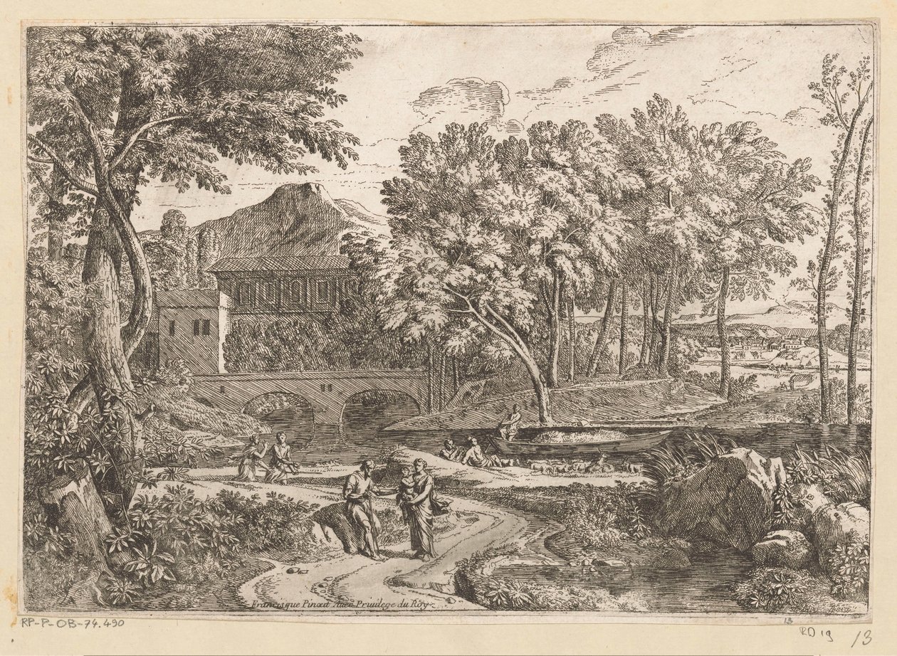 Arkadisk landskab med en flok geder ved vandet og en mor med barn på en sti med andre figurer Suite de Paysages (serietitel) af Théodore