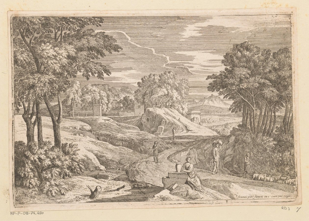 Arkadisk landskab med en kvinde siddende ved en vase og andre figurer Suite de Paysages (serietitel) af Théodore