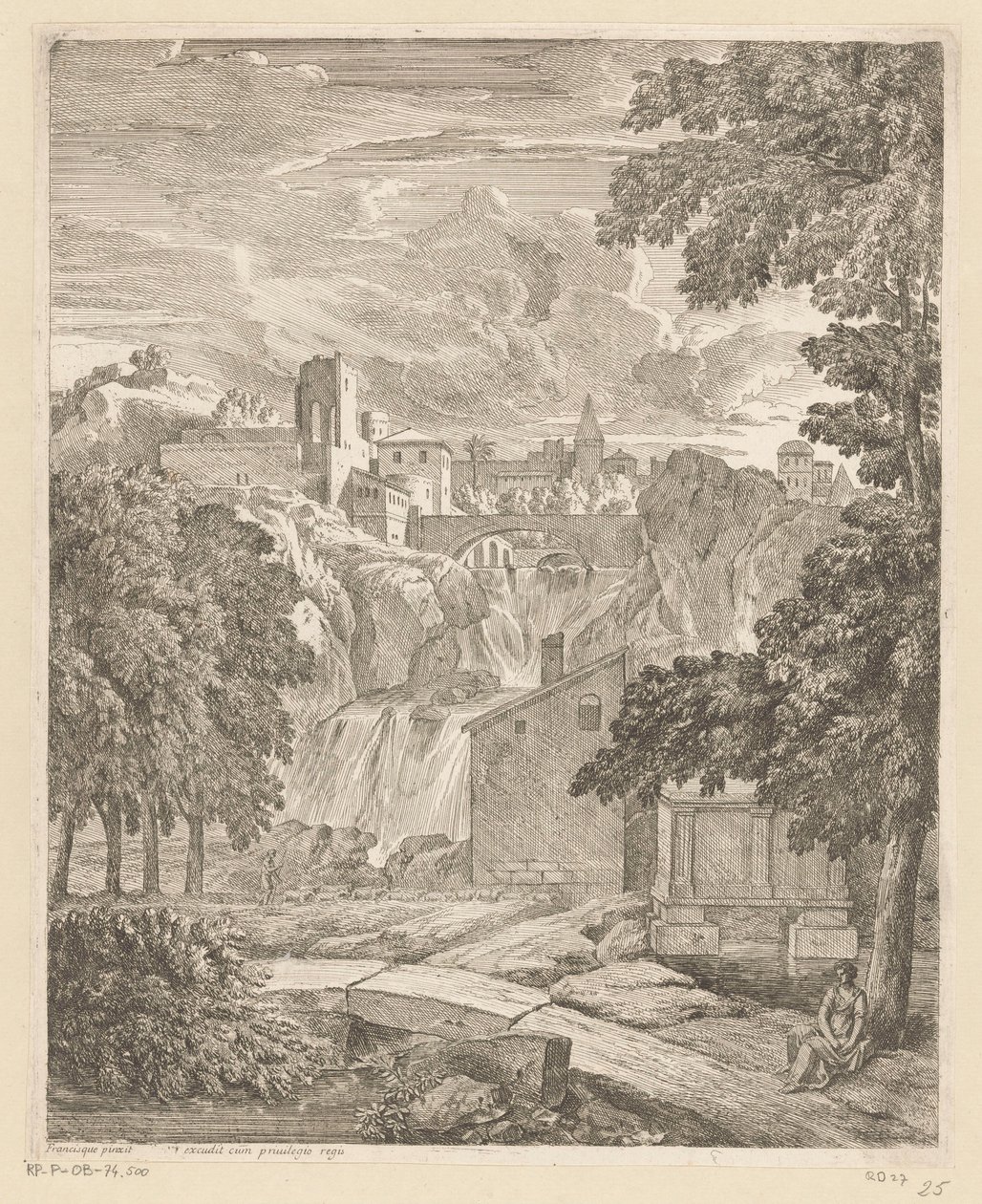 Arkadisk landskab med et vandfald og en kvinde under et træ Suite de paysages (serietitel) af Théodore