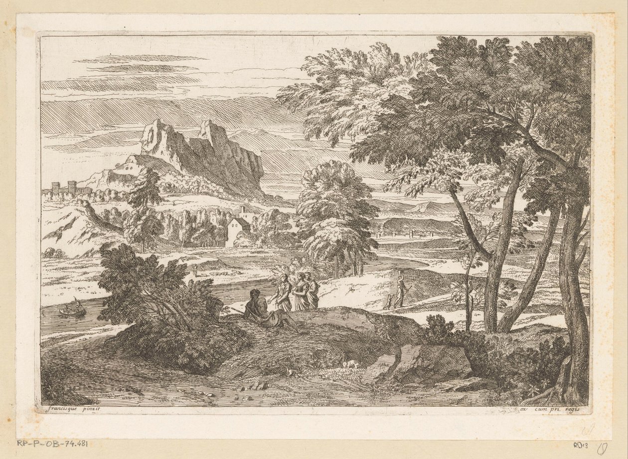 Arkadisk landskab med figurer og kaniner Suite de Paysages (serietitel) af Théodore
