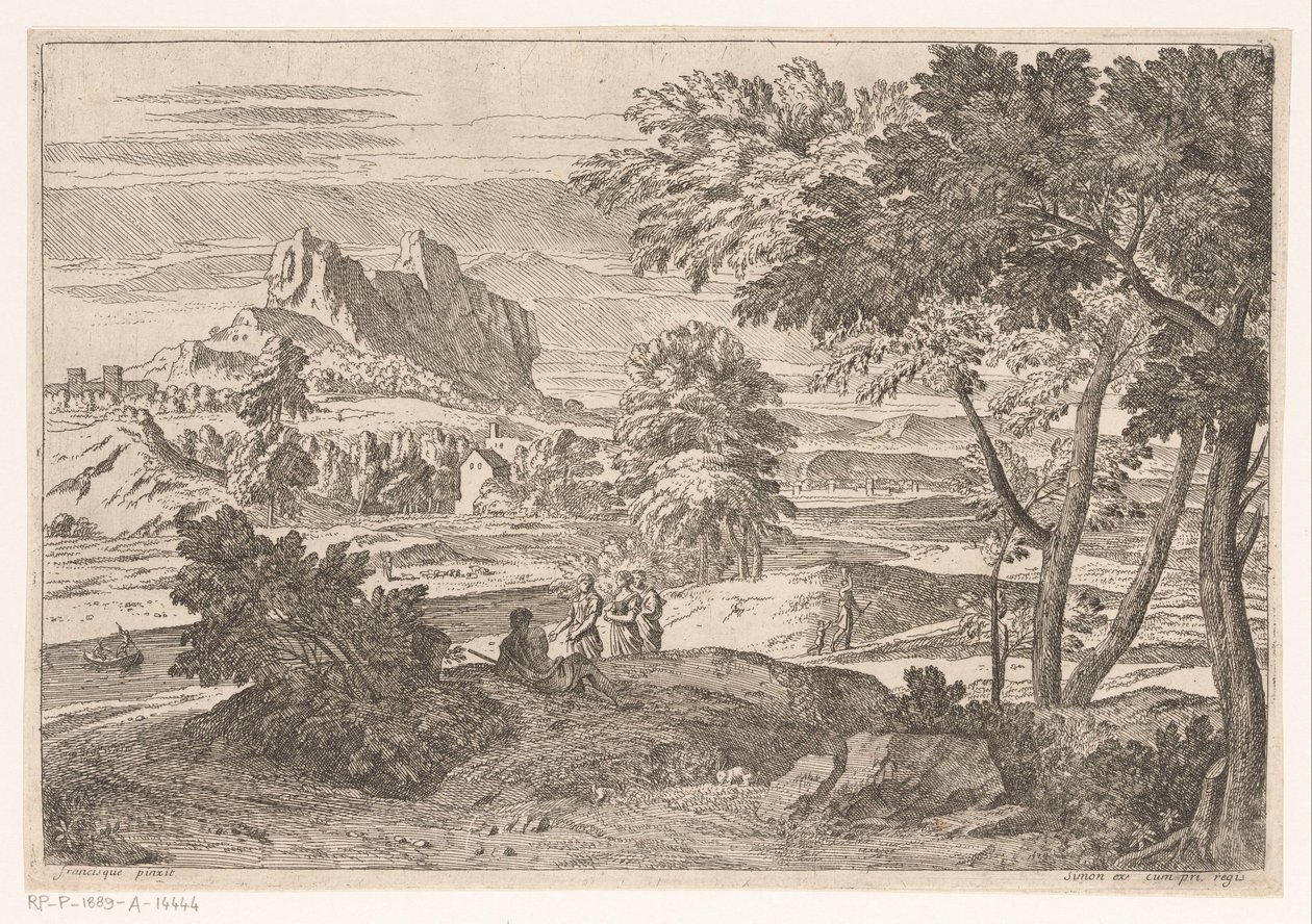 Arkadisk landskab med figurer og kaniner Suite de Paysages (serietitel) af Théodore