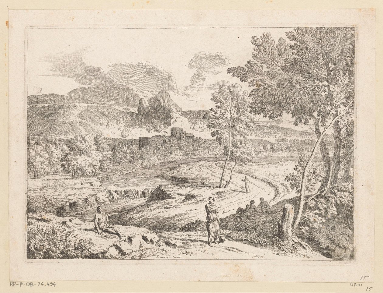 Arkadisk landskab med figurer langs en sti ved en å Suite de Paysages (serietitel) af Théodore