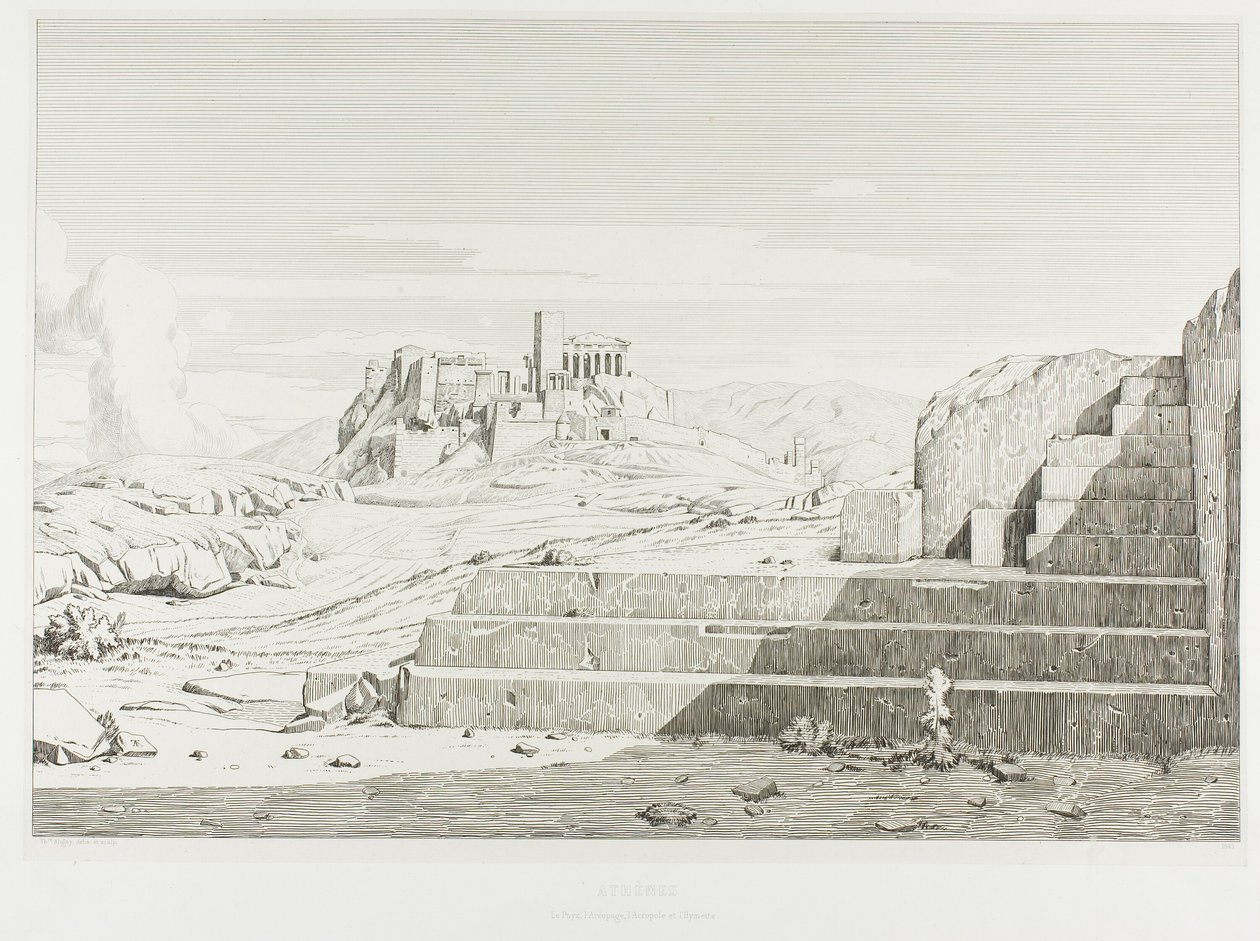 Akropolis, Athen: Pnyx, Areopagus, Akropolis og Hymmettos-bjerget af Théodore Caruelle d