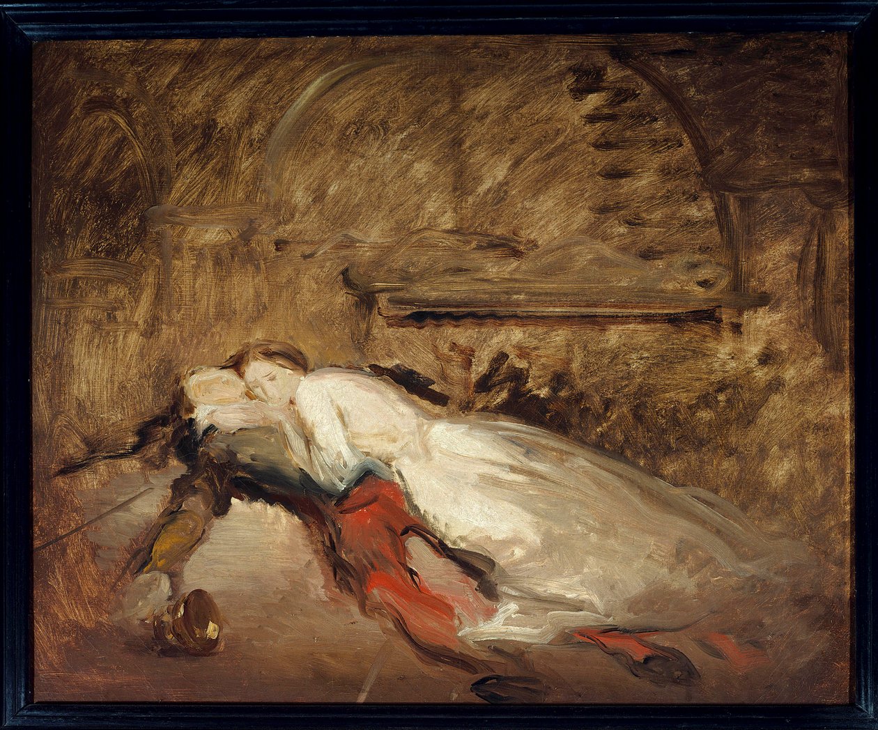 Les lovers Romeo et Juliet Illustration af stykket af samme navn af William Shakespeare (1564-1616), der repræsenterer elskendes død i scene 3 i akt V. Esquisse de Theodore Chasseriau (1819-1856) Søn. 0,50 x 0,61 m Paris. Louvre-museet af Théodore Chassériau