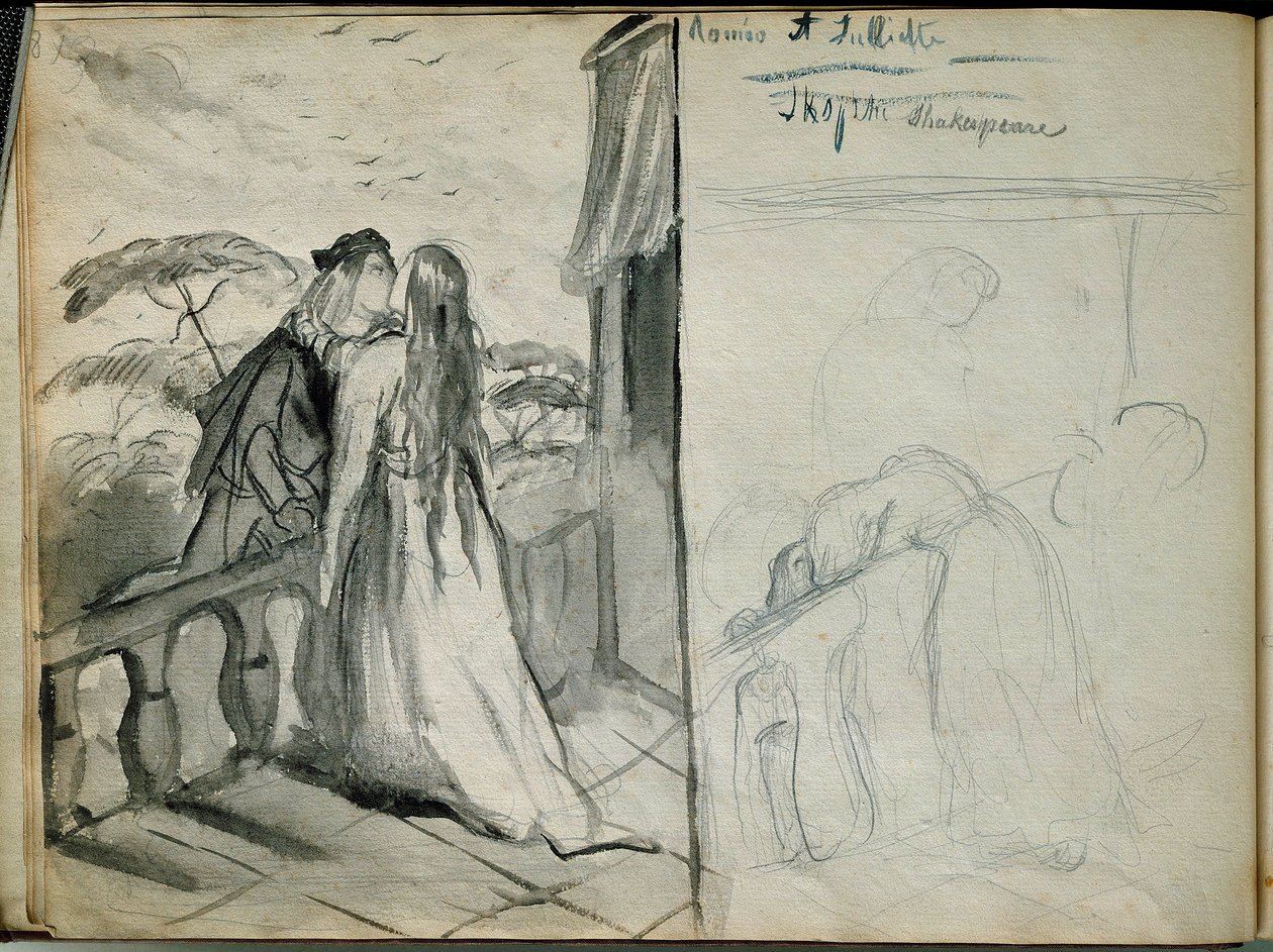 Les lovers Romeo et Juliet Illustration af stykket af samme navn af William Shakespeare (1564-1616), der repræsenterer elskere, der kysser på balkonen. Skitse af Theodore Chasseriau (1819-1856) Paris. Louvre-museet af Théodore Chassériau