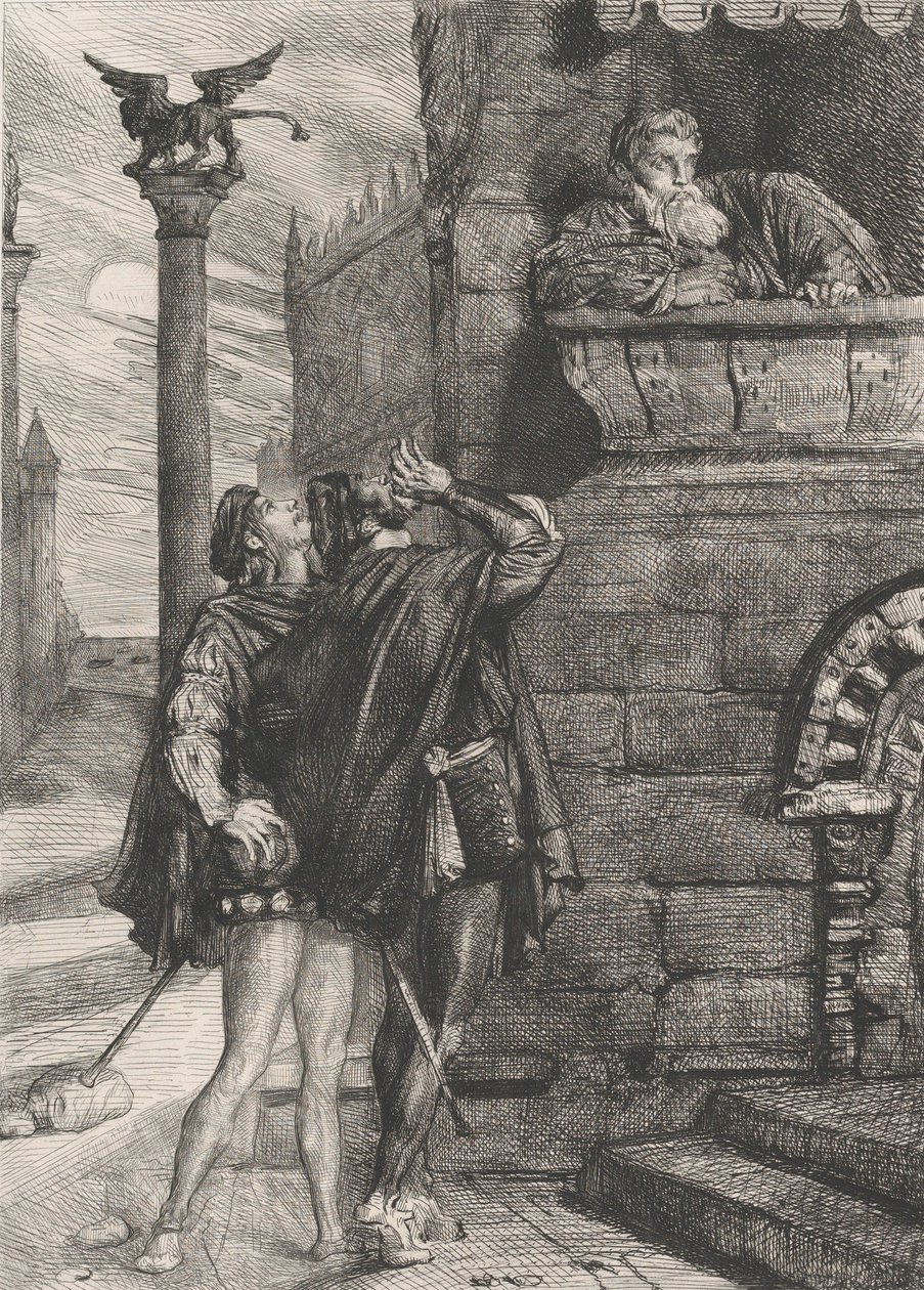 Vågn op! hvad ho! Brabantio! tyve! tyve!: plade 1 fra Othello Act 1, Scene 1, 1844. af Théodore Chassériau