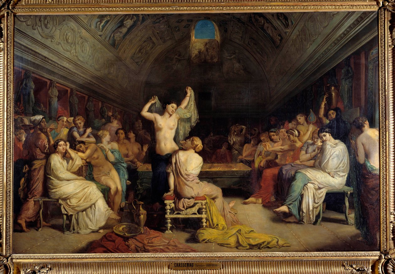Tepidarium. Kvinder genforenet i den del af de varme bade under det gamle Rom. Maleri af Theodore Chasseriau (1819-1856). Olie på lærred af Théodore Chassériau