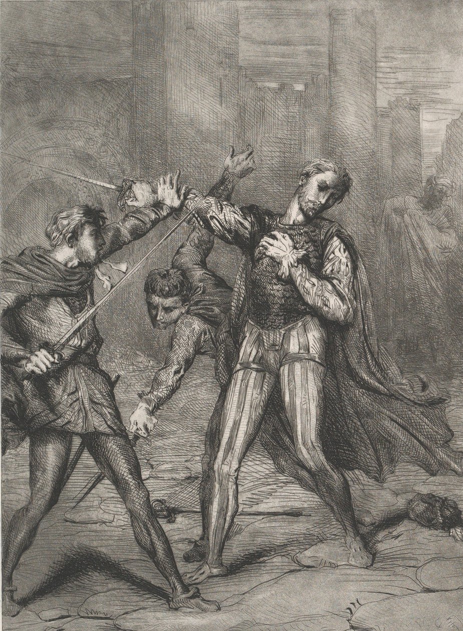 Skurk, du dør: plade 10 fra Othello Act 5, Scene 1, ætset 1844, genoptrykt 1900. af Théodore Chassériau