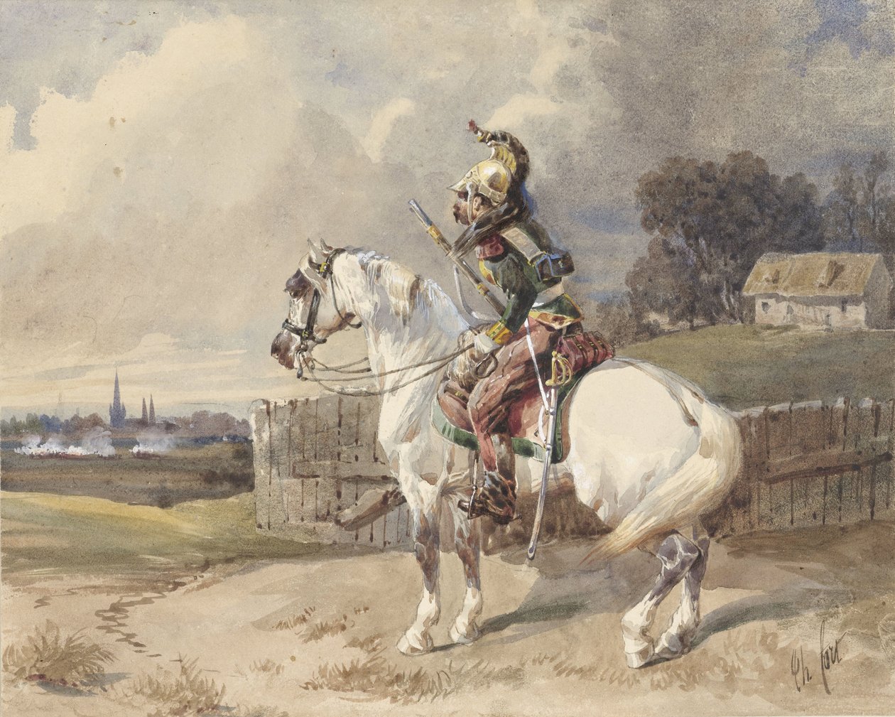 Fransk dragon på en hvid hest, drejet til venstre, i profil af Théodore Fort (signed by artist)