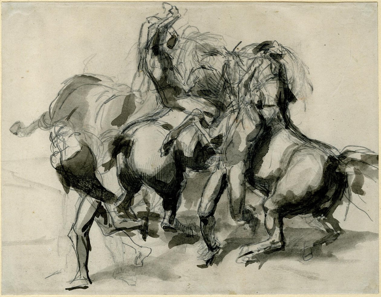 Tilskrives Théodore Géricault - Skitse af en kamp med heste og mænd, 1913,0114.8 af Theodore Gericault