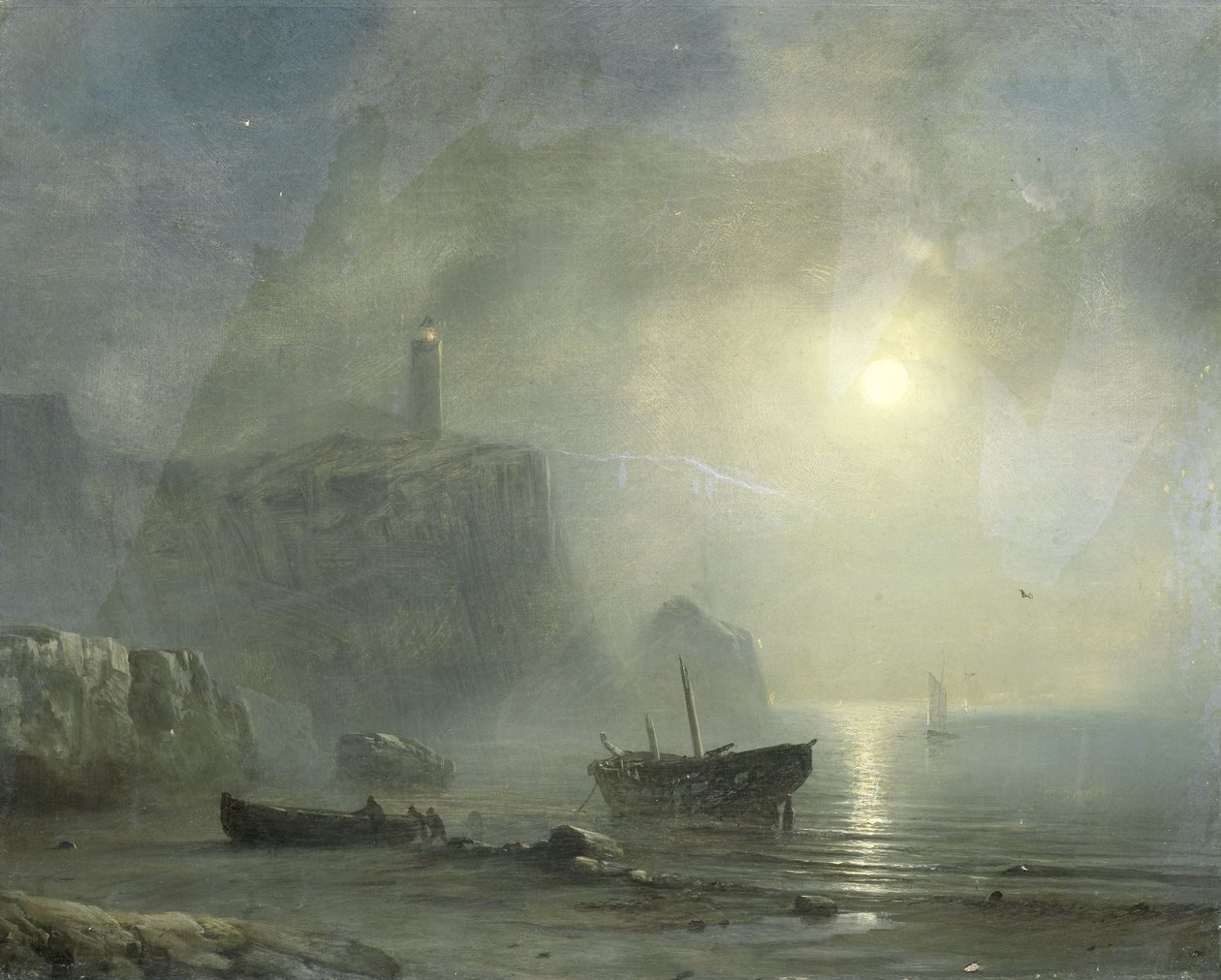 Udsigt over en klippekyst ved måneskin af Théodore Gudin (attributed to)