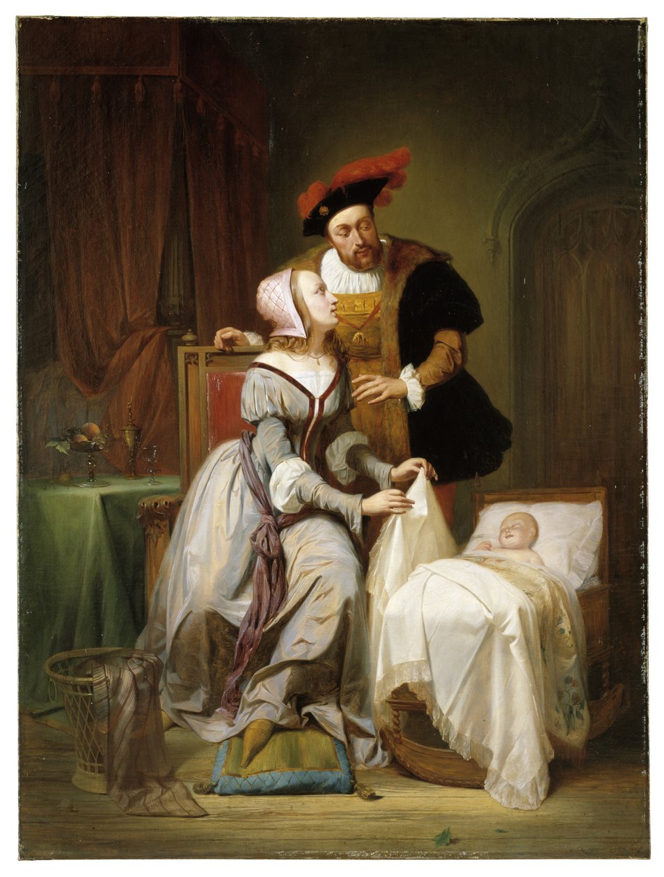 Kejser Karl og hans elskerinde Johanna Van der Gheynst ved deres datter Margarets vugge af Theodore Joseph Canneel