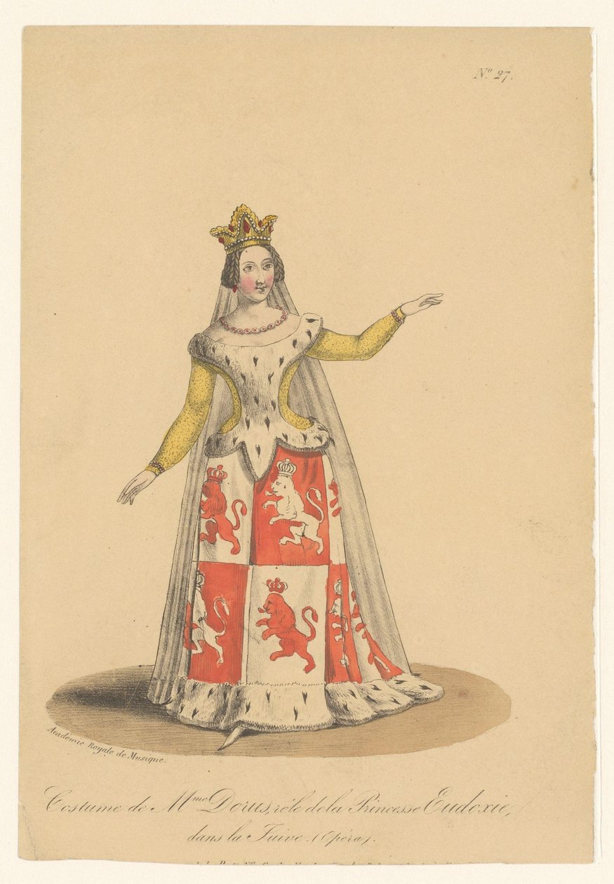Julie Dorus-Gras i rollen som prinsesse Eudoxie i operaen La Juive Kostume af fru Dorus, rollen som prinsesse Eudoxie, i La Juive (Opéra) (titel på objektet) Skuespillere, skuespillerinder i operazangers in hun rol (serietitel) af Théodore Lejeune