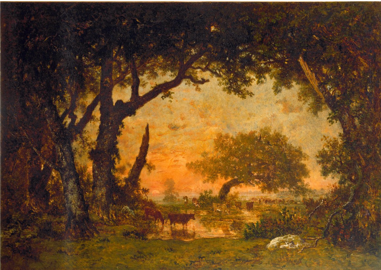 Udgang fra skoven i Fontainebleau, solnedgang (olie på lærred af Pierre Etienne Theodore Rousseau