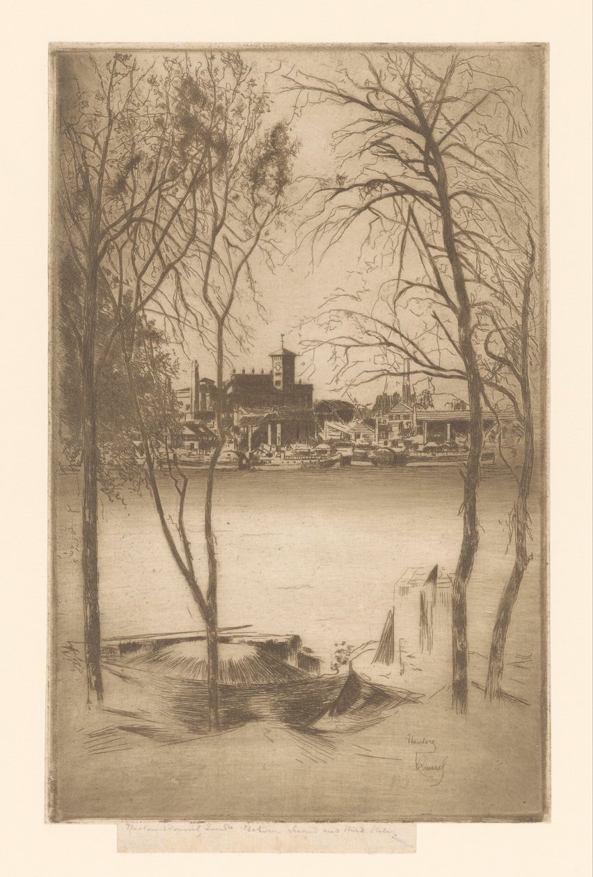 Udsigt til en flod med havn og industri Laburnums og Battersea af Théodore Roussel (signed by artist)