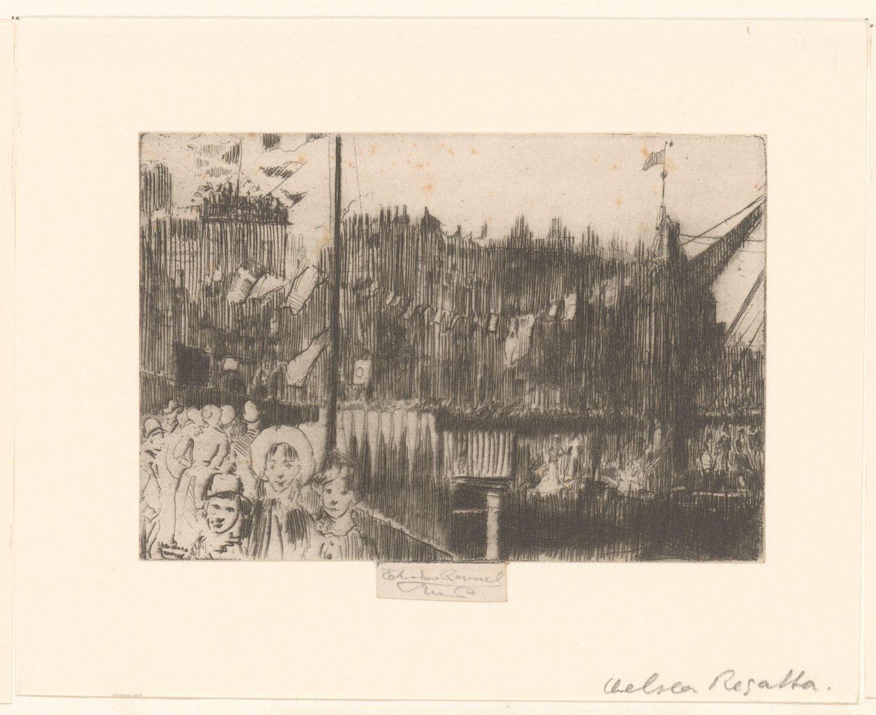 Bybillede med figurer på en kaj dekoreret med flag Chelsea Regatta af Théodore Roussel (signed by artist)