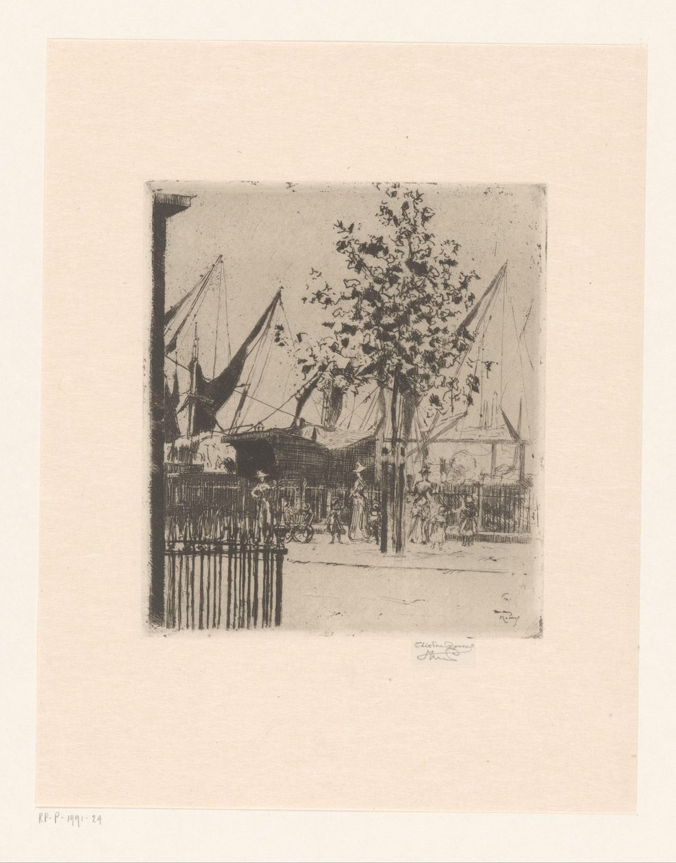Gadeudsigt med figurer ved en havn Hjørnet af Luna Street, Chelsea Embankment af Théodore Roussel (signed by artist)