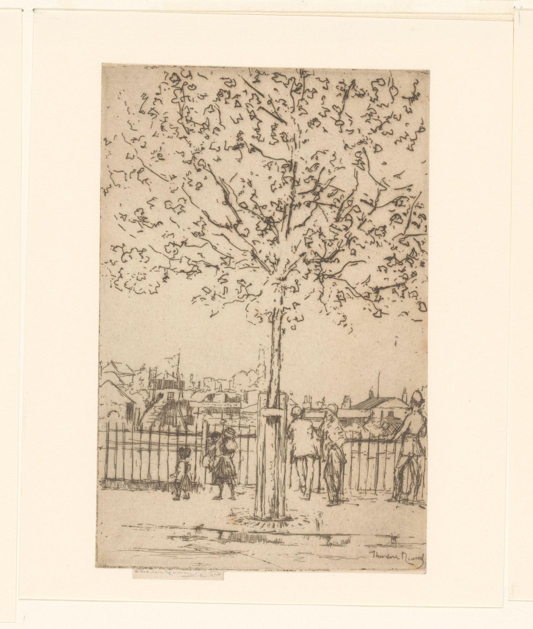 Seks figurer ved et hegn langs en flod, i forgrunden et træ Chelsea Embankment, juni, kl. 17.00, 1889 af Théodore Roussel (signed by artist)