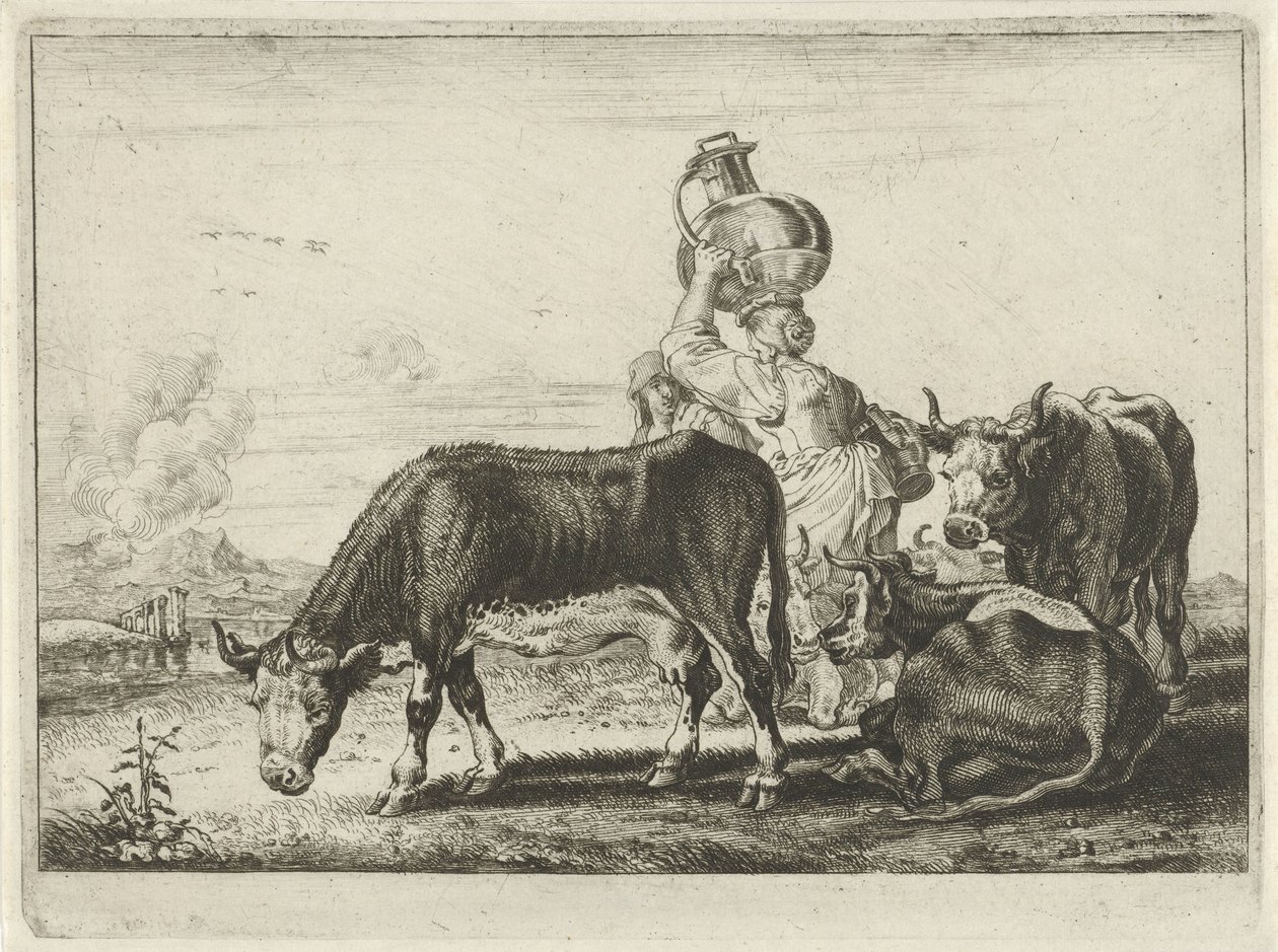 Køer og to malkepiger af Théodorus van Kessel