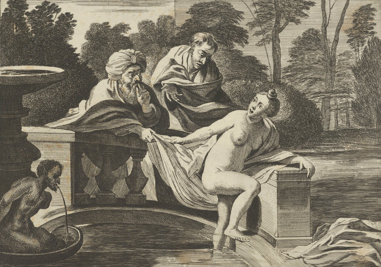Susanna, delvis nøgen og træder ud af et springvand med to ældste til venstre, en o..., ca. 1656-60. af Théodorus van Kessel