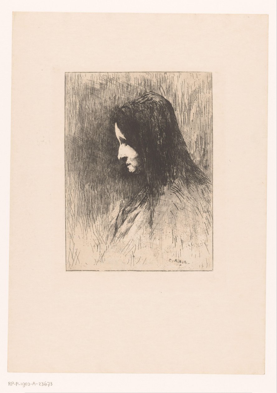 Buste af en gammel kvinde med tørklæde, set fra siden af Théodule Augustin Ribot
