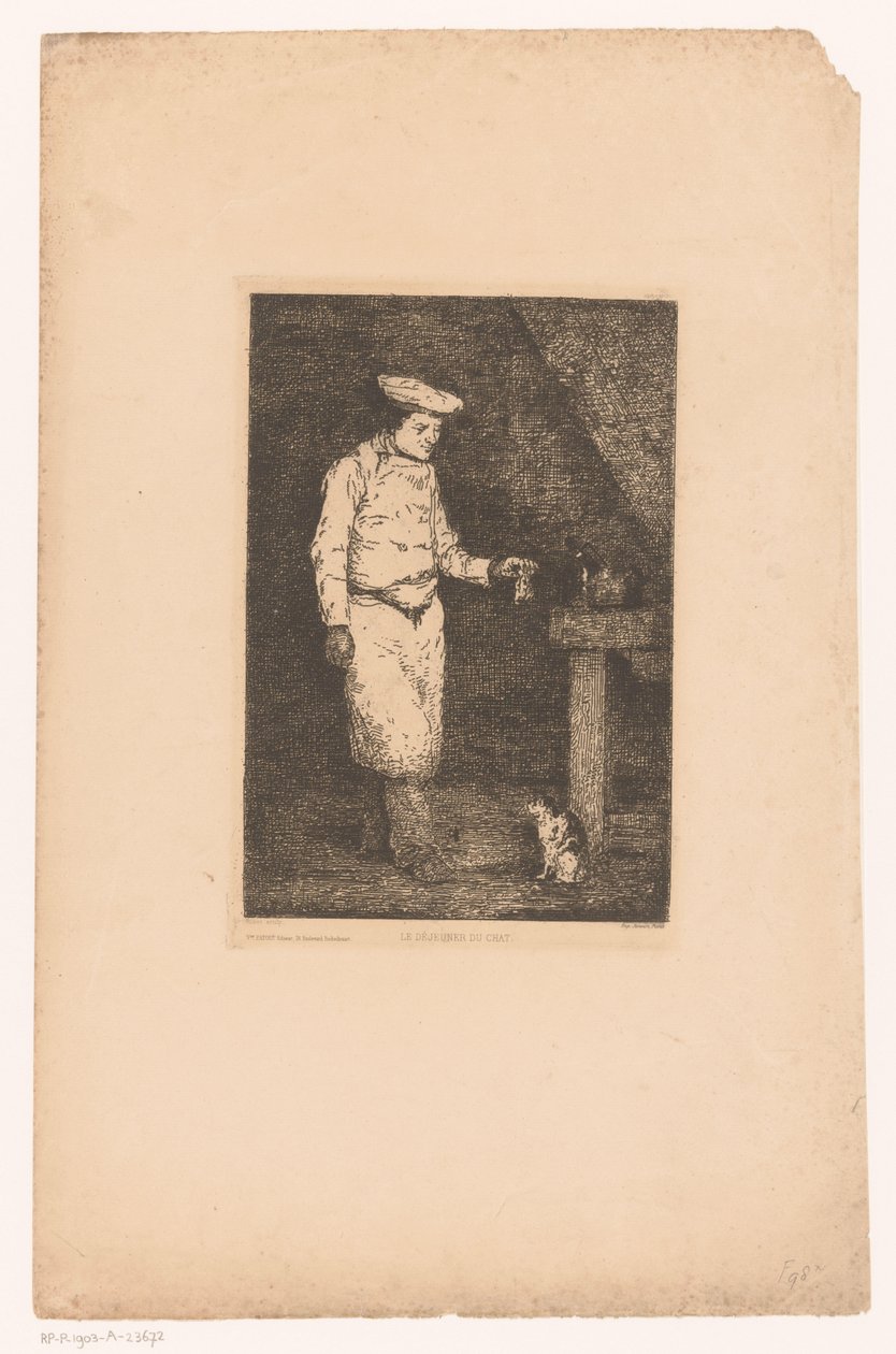 Mørkt interiør med en kok, der holder et stykke kød op til en kat Le déjeuner du chat (titel på objekt) Eaux-Fortes Modernes: Originales et Inédites (serietitel) af Théodule Augustin Ribot