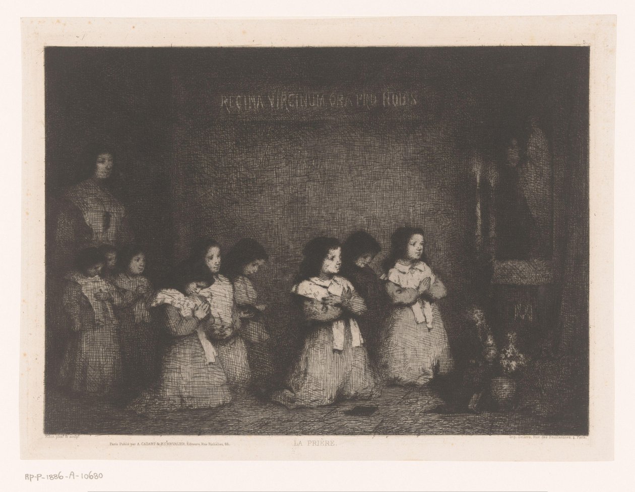 En gruppe piger i bøn foran en statue af Maria La Priere (titel på objekt) Eaux-Fortes Modernes: Originales et Inédites (serietitel) af Théodule Augustin Ribot
