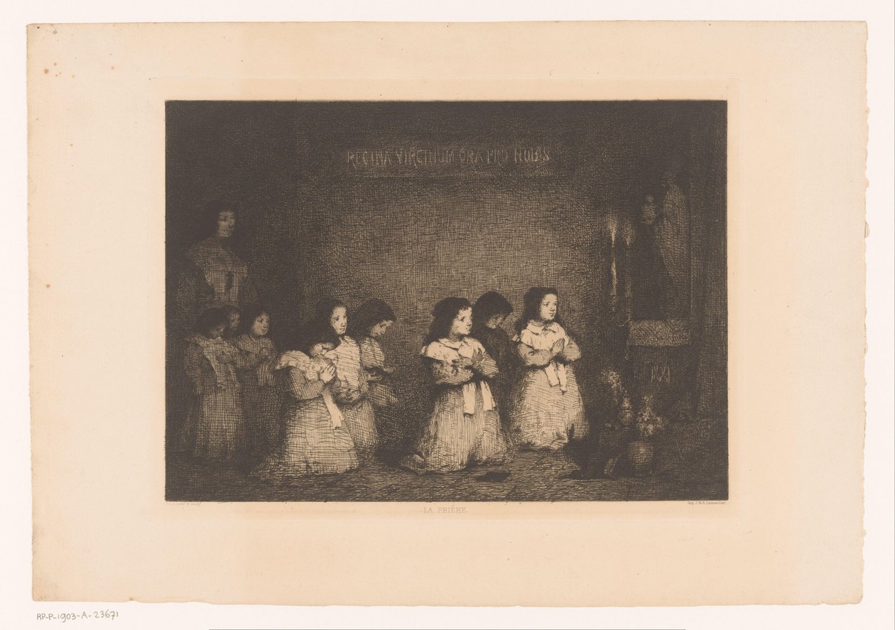En gruppe piger i bøn foran en statue af Maria La Priere (titel på objekt) Eaux-Fortes Modernes: Originales et Inédites (serietitel) af Théodule Augustin Ribot