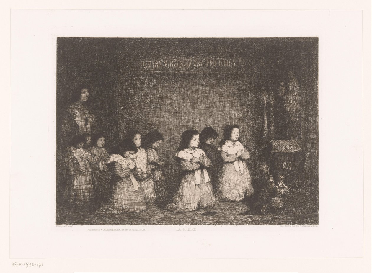 En gruppe piger i bøn foran en statue af Maria La Priere (titel på objekt) Eaux-Fortes Modernes: Originales et Inédites (serietitel) af Théodule Augustin Ribot