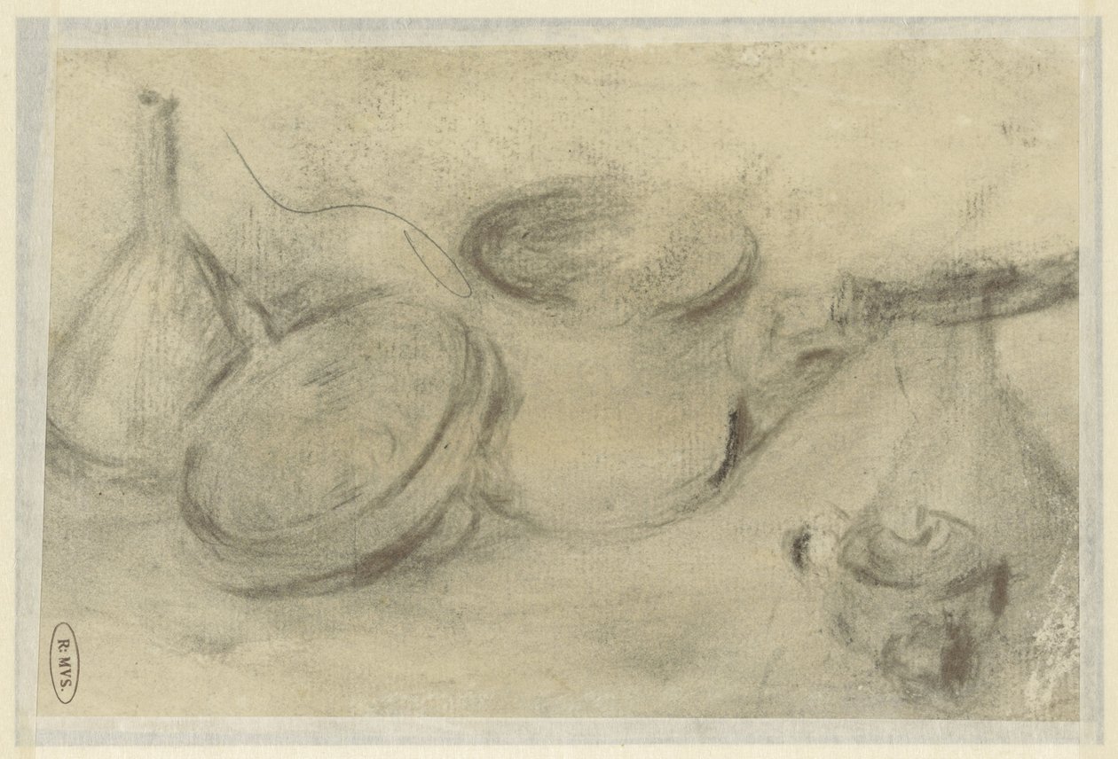 Skitse af et stilleben af ​​pander og en flaske af Théodule Augustin Ribot